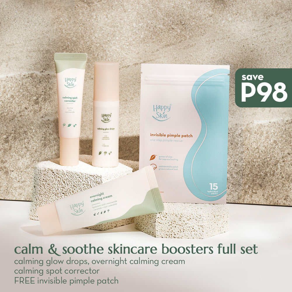 Happy Skin Calm & Soothe Skincare Boosters Full Set (Spot Corrector + Glow Drops + Overnight Cream + Pimple Patch)